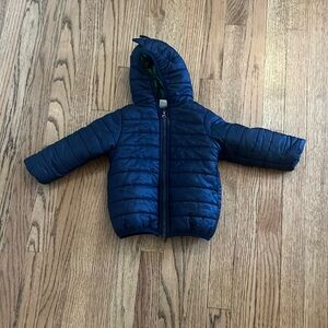 First Impressions Navy Blue Winter Coat with dinosaur detail. Size 18 month